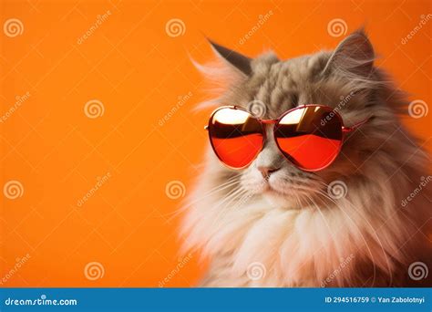 Portrait Ragamuffin Cat With Sunglasses Orange Background Stock