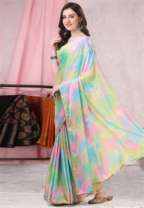 Multicolor Chinon Chiffon Saree With Blouse