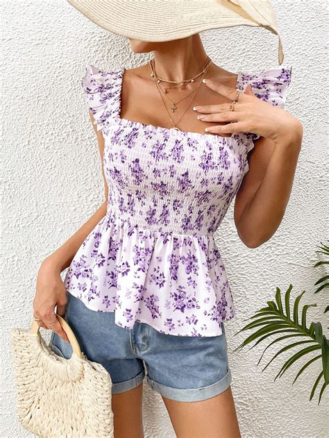 Shein Wywh Floral Print Ruffle Trim Peplum Blouse Shein Usa