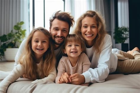 Familia Feliz Madre Padre E Hijos En Casa Ia Generativa Foto Premium