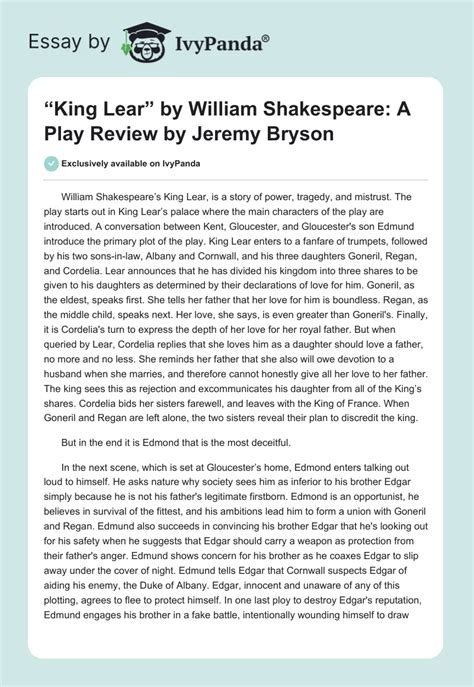 King Lear By William Shakespeare A Play Review By Jeremy Bryson