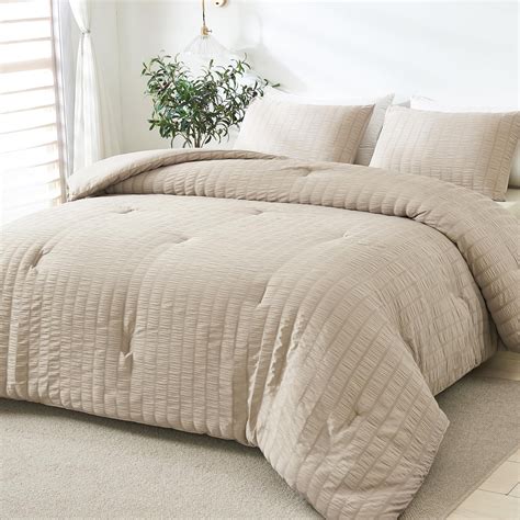 Andency Khaki Queen Size Comforter Set 3 Pieces All Seasons Seersucker