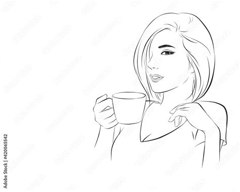 Beauty Girl Drinking Coffee Vector Illustration Isolated Cartoon Hand