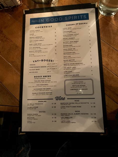 Menu at Oddfellows restaurant, Dallas