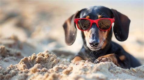 Premium Photo Beautiful Dog Of Dachshund Black And Tan Buried In The Sand