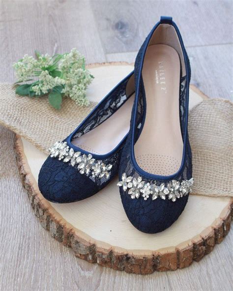 NAVY New Lace Round Toe Flats with FLORAL RHINESTONES Embellishments ...