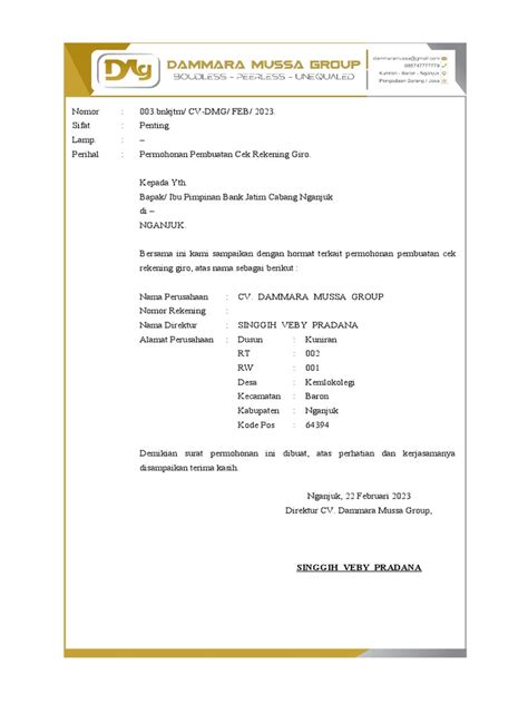 Permohonan Pembuatan Cek Rekening Giro Cv Dammara Pdf