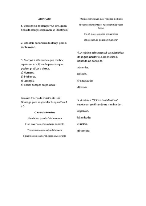 Atividade Danças E Movimentos ATIVIDADE 1 Você gosta de dançar Se