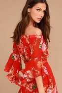 Cute Red Floral Print Top Off The Shoulder Crop Top Bell Sleeve