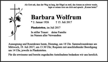 Traueranzeigen Von Barbara Wolfrum Mittelbayerische Trauer