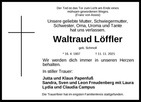 Traueranzeigen von Waltraud Löffler trauer nn de