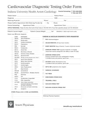 Fillable Online Cardiovascular Diagnostic Testing Order Form Fax Email