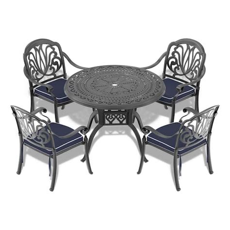 Willit Elizabeth Black 5 Piece Cast Aluminum Outdoor Dining Set With 3937 In Round Table And