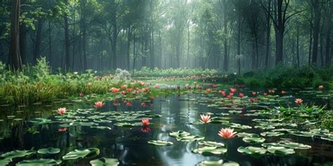 Premium Photo Mystical Forest Pond With Pink Water Lilies