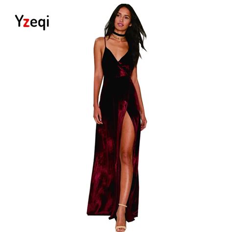 Yzeqi Sexy Dress Wine Red Velvet Maxi Backless Dress Womens Autumn Party Dresses Deep V Neck