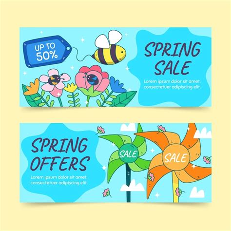 Conjunto De Banners Horizontales De Venta De Primavera Dibujados A Mano