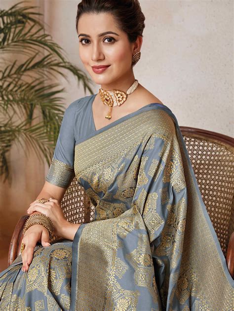 Grey And Golden Art Silk Traditional Woven Saree Saree Tussar Silk