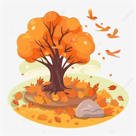 Fall Background Clipart Autumn Tree With Flying Birds And Flower ...