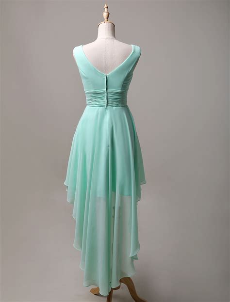 A Line V Neck Asymmetrical Chiffon Bridesmaid Dress With Cascading