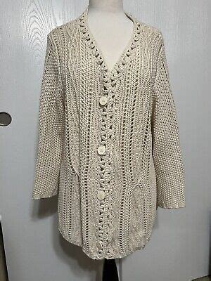 Coldwater Creek Cardigan Womens Sz XL Beige Chunky Open Knit Cotton