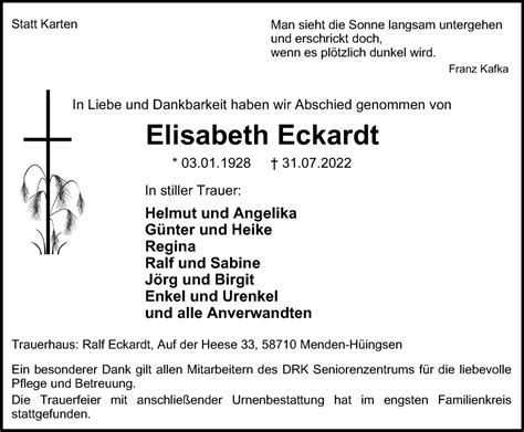 Traueranzeigen Von Elisabeth Eckardt Trauer In Nrw De