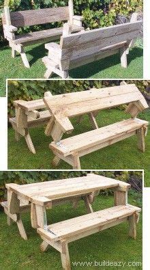 Three Different Views Of A Wooden Bench And Table In The Grass One Is