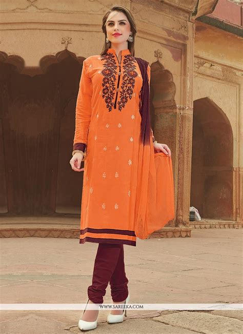 Buy Embroidered Work Orange Cotton Churidar Suit Online Australia