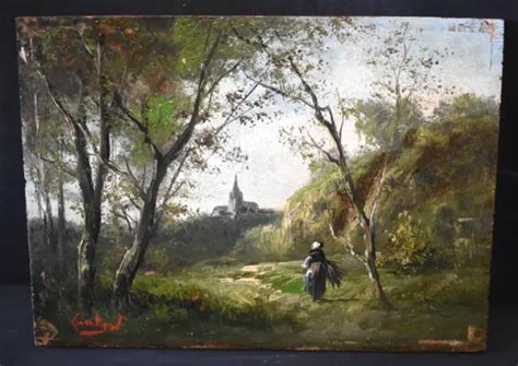 TABLEAU HUILE PAYSAGE animé Barbizon signé Lambert XIXème 43 33