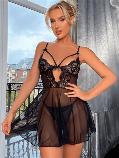 Sexy Mesh Perspective Hollow Out Lingerie Camisole Sleep Dress With G