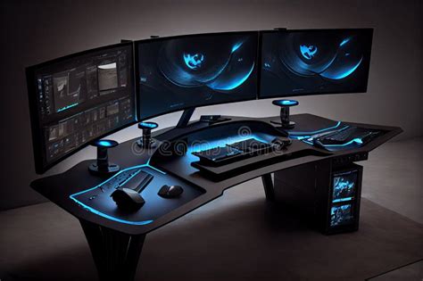 A Gaming Desk with Multiple Monitors and Sleek, Modern Design Stock ...