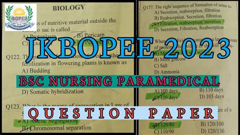 Jkbopee Bsc Nursing Paramedical Important Questions Jkbopee Mock