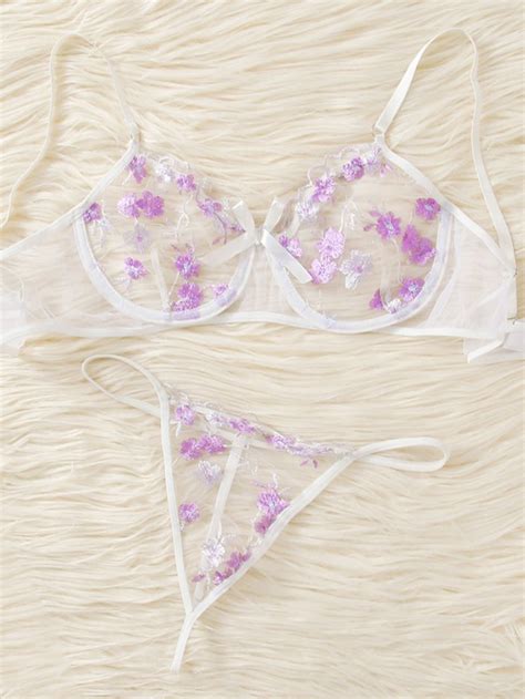 Floral Embroidery Underwire Thong Lingerie Set