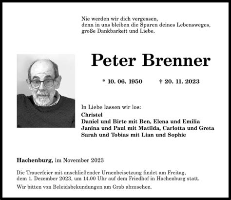 Traueranzeigen Von Peter Brenner Rz Trauer De