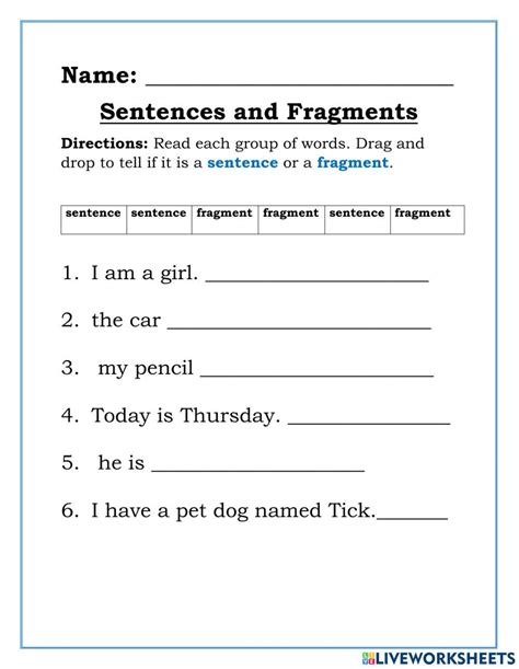 Sentences And Fragments Worksheet Live Worksheets Worksheets Library