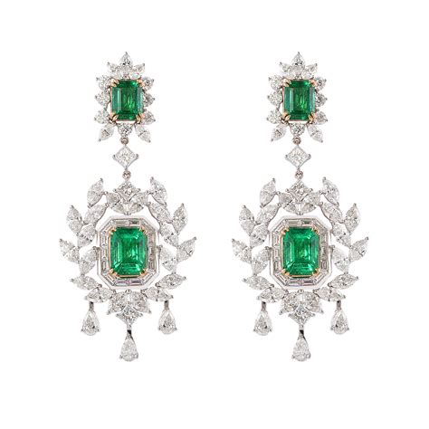 Art Deco Style Emerald And Diamond Earrings In 18 Karat White And