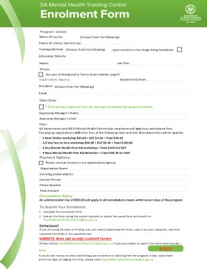 Fillable Online SA Mental Health Training Centre Enrolment Form