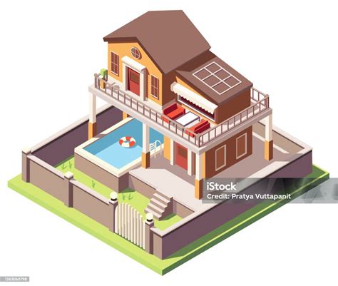 rumah ilustrasi isometrik  kolam renang vector ilustrasi stok