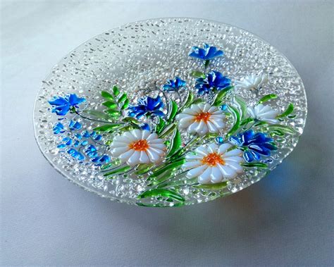 Fused Glass Dish Glass Plate Bowl Wild Flowers Kitchen Etsy