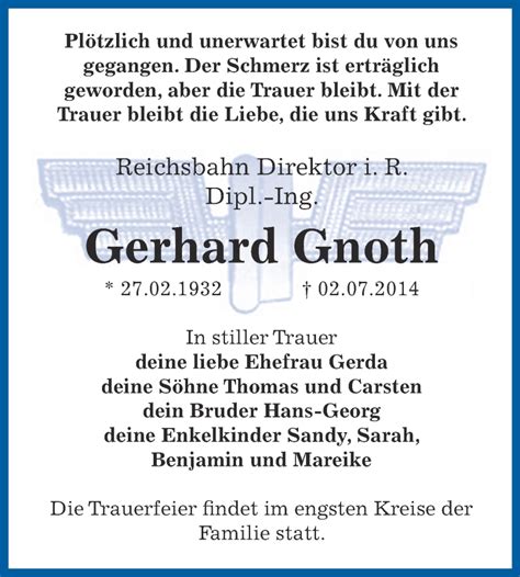 Traueranzeigen Von Gerhard Gnoth Abschied Nehmen De