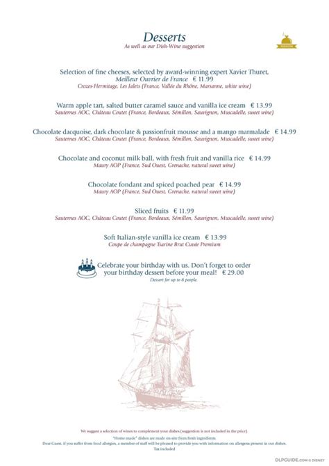 Yacht Club Menu — Dlp Guide • Disneyland Paris Restaurants Dining