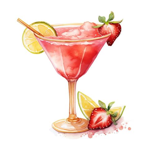 Watercolor Strawberry Margarita Watercolor Clipart Illustration Premium Ai Generated Image