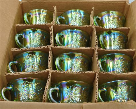 Boxed Set Of 12 Green Carnival Glass Punch Cups With Hooks Green Indiana Carnival Glass Punch