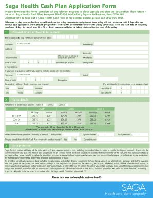 Fillable Online Saga Health Cash Plan Application Form Fax Email Print