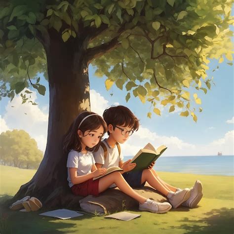 Premium AI Image Boy And Girl Are Reading Book Under The Tree