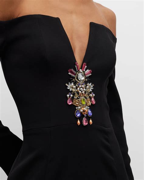 Zuhair Murad Split V Crystal Embellished Off The Shoulder Cady Gown