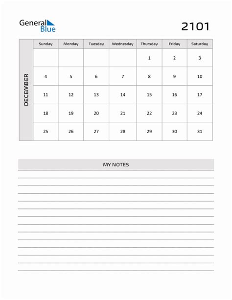 December 2101 Monthly Calendar (PDF, Word, Excel)