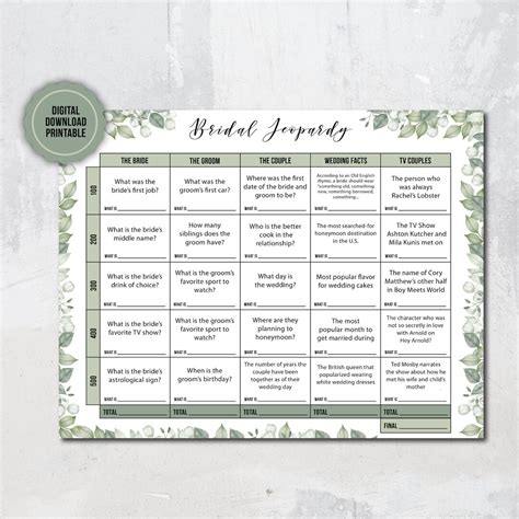 Bridal Jeopardy Game Printable Template Digital Print Etsy