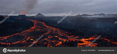 Aerial Panoramic View Volcano Eruption Litli Hrutur Hill Fagradalsfjall