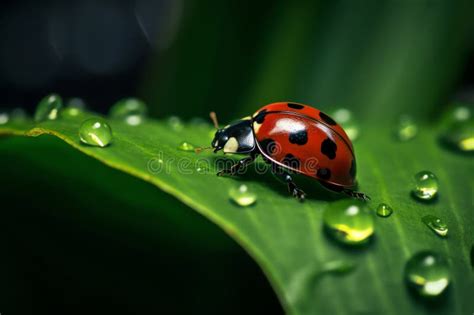 Lady Bug In Green Leaf With Drop Of Water Ai Generated Stock