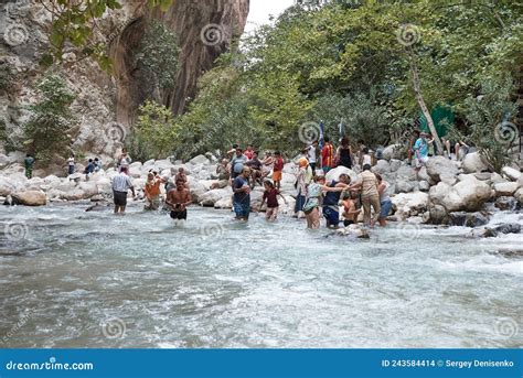 Saklikent Canyon Or Hidden City In Turkish Tourists On Banks Of